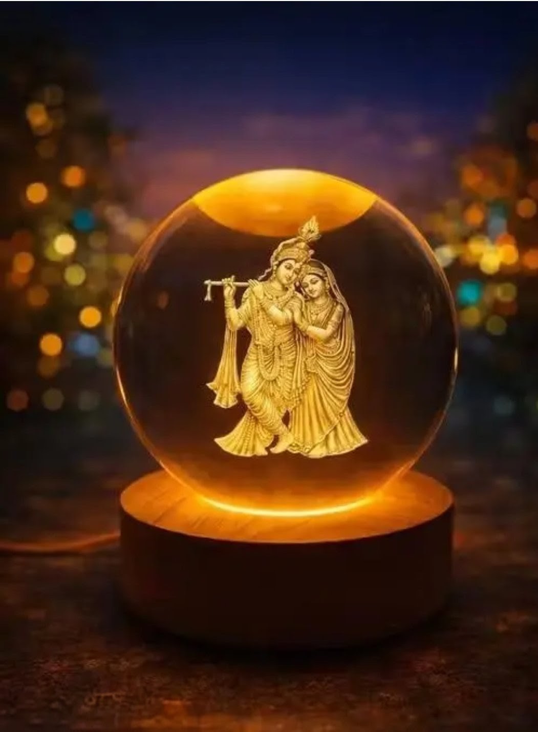 Radha Krishna 3D Crystals Ball Warm LED Night Lamp with Wooden Base