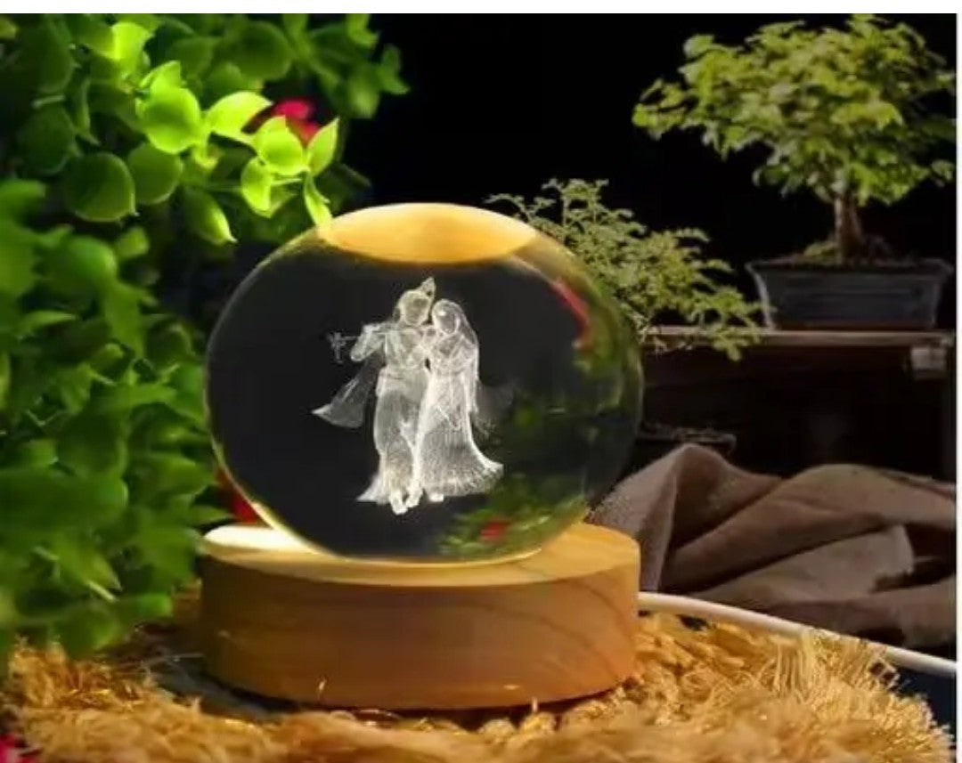 Radha Krishna 3D Crystals Ball Warm LED Night Lamp with Wooden Base