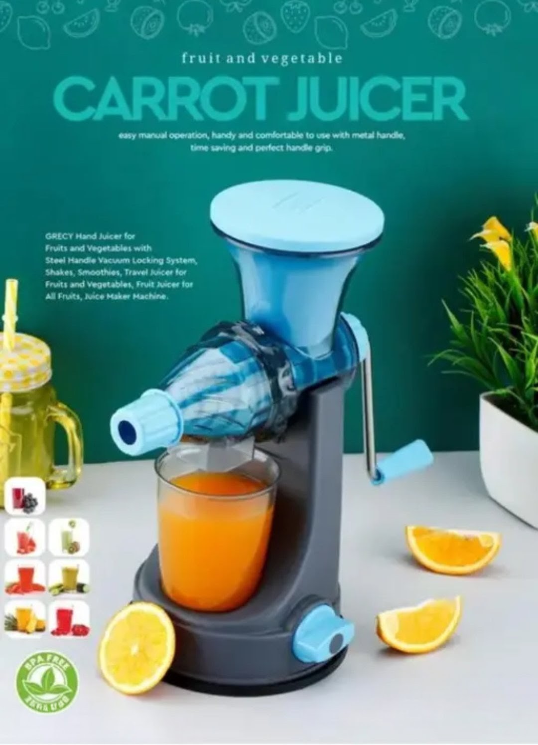 Heavy Duty Hand Juicer For Carrot ,Fruits And Vegitables With Steel Handle,Vacuum Locking System,Shake,Smoothies,travel Juicer, Orange juicer, Manual Juicer For Fruits, Machine